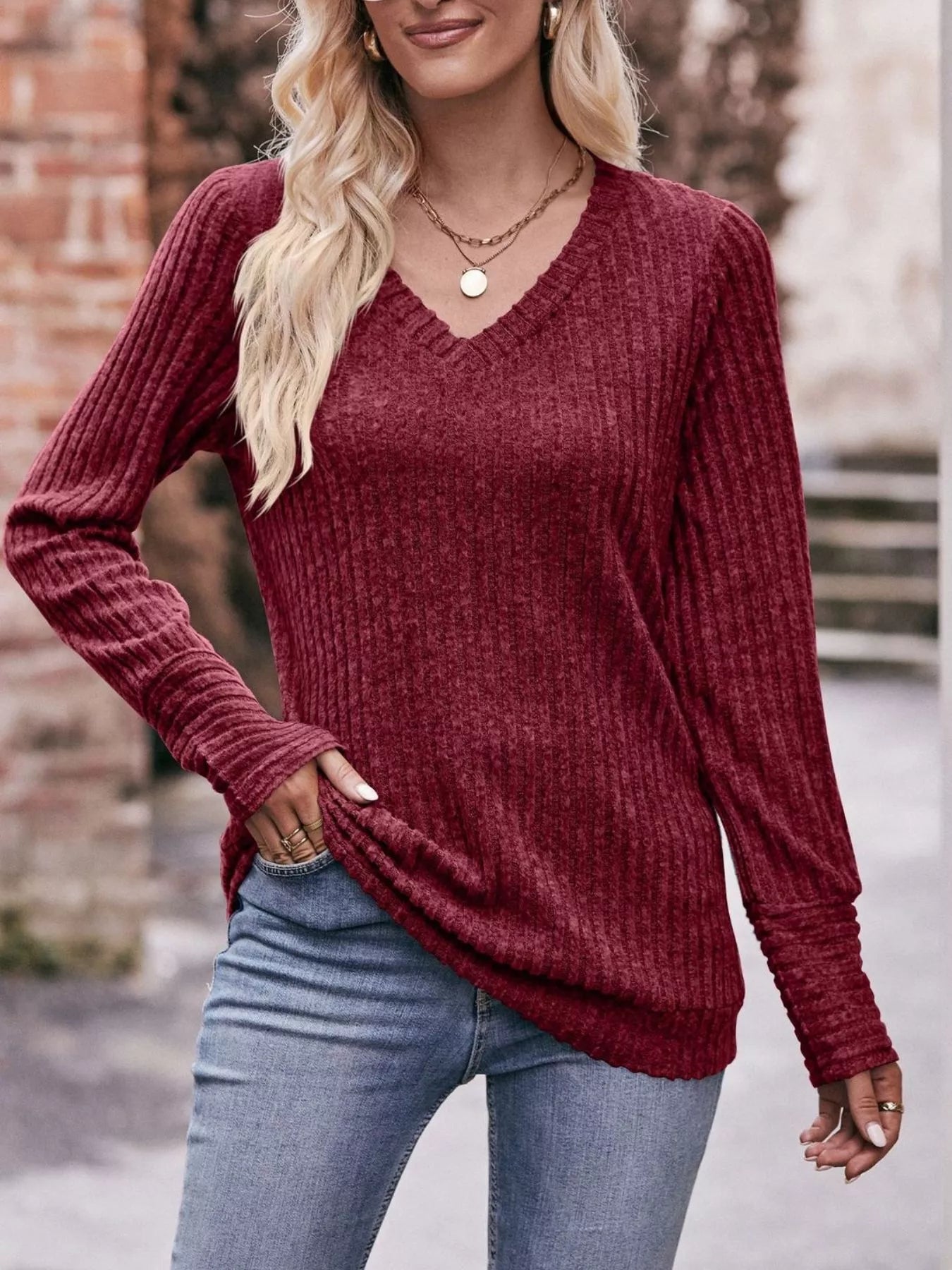 Sarah Express Women's V-Neck Ribbed Knit Long Sleeve T-Shirt