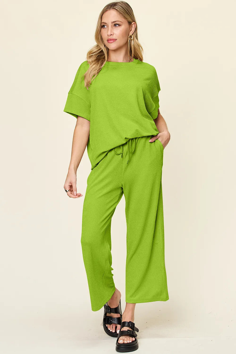 Sarah Express Women's Textured Round Neck Short Sleeve T-Shirt and Wide Leg Pants Set Lime