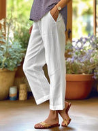 Sarah Express Women's Cotton Straight Leg Pants - Casual Mid-Waist Loose Fit Trousers