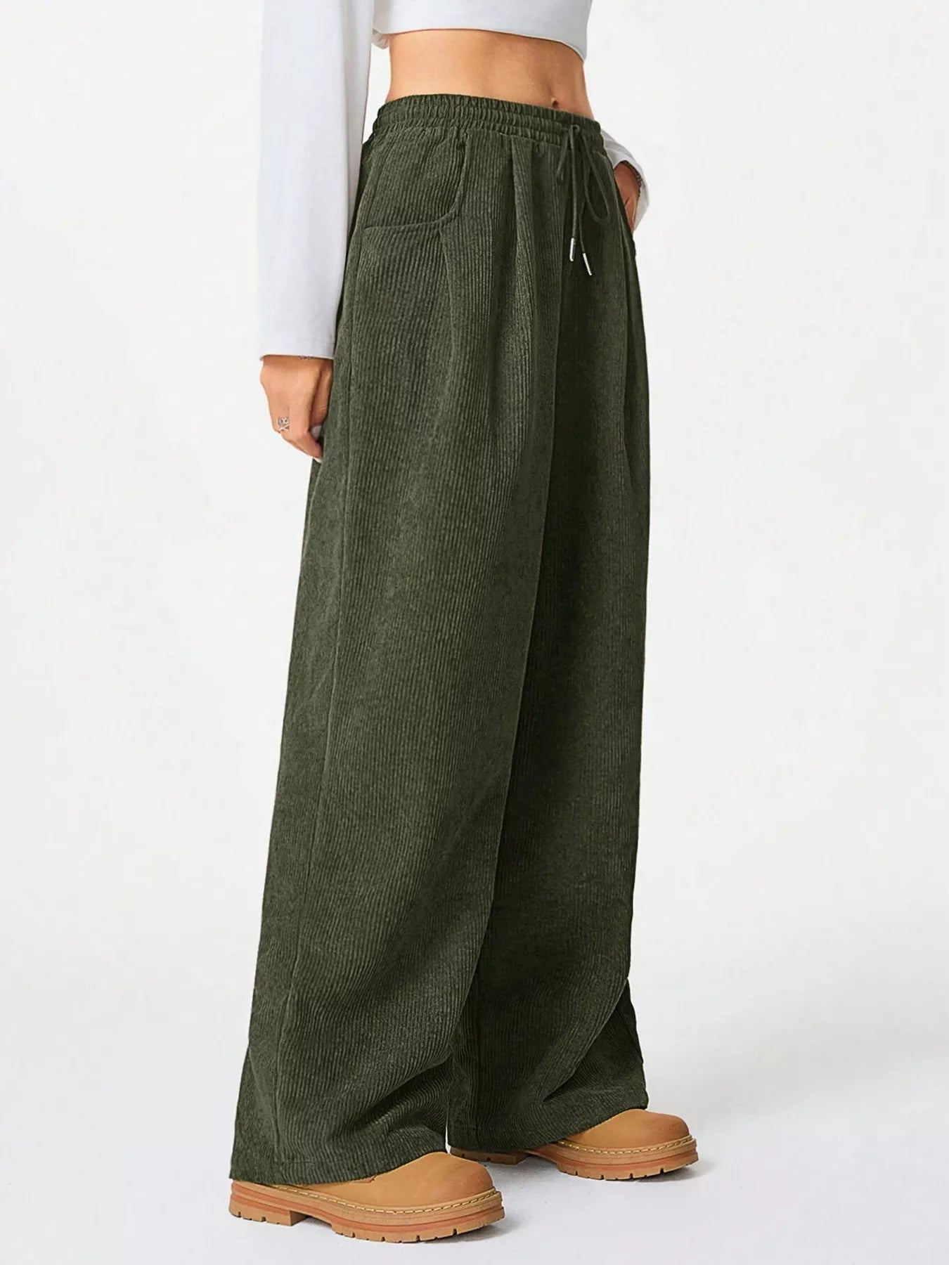 Sarah Express Women's Relaxed Fit Corduroy Pants with Drawstring Army Green