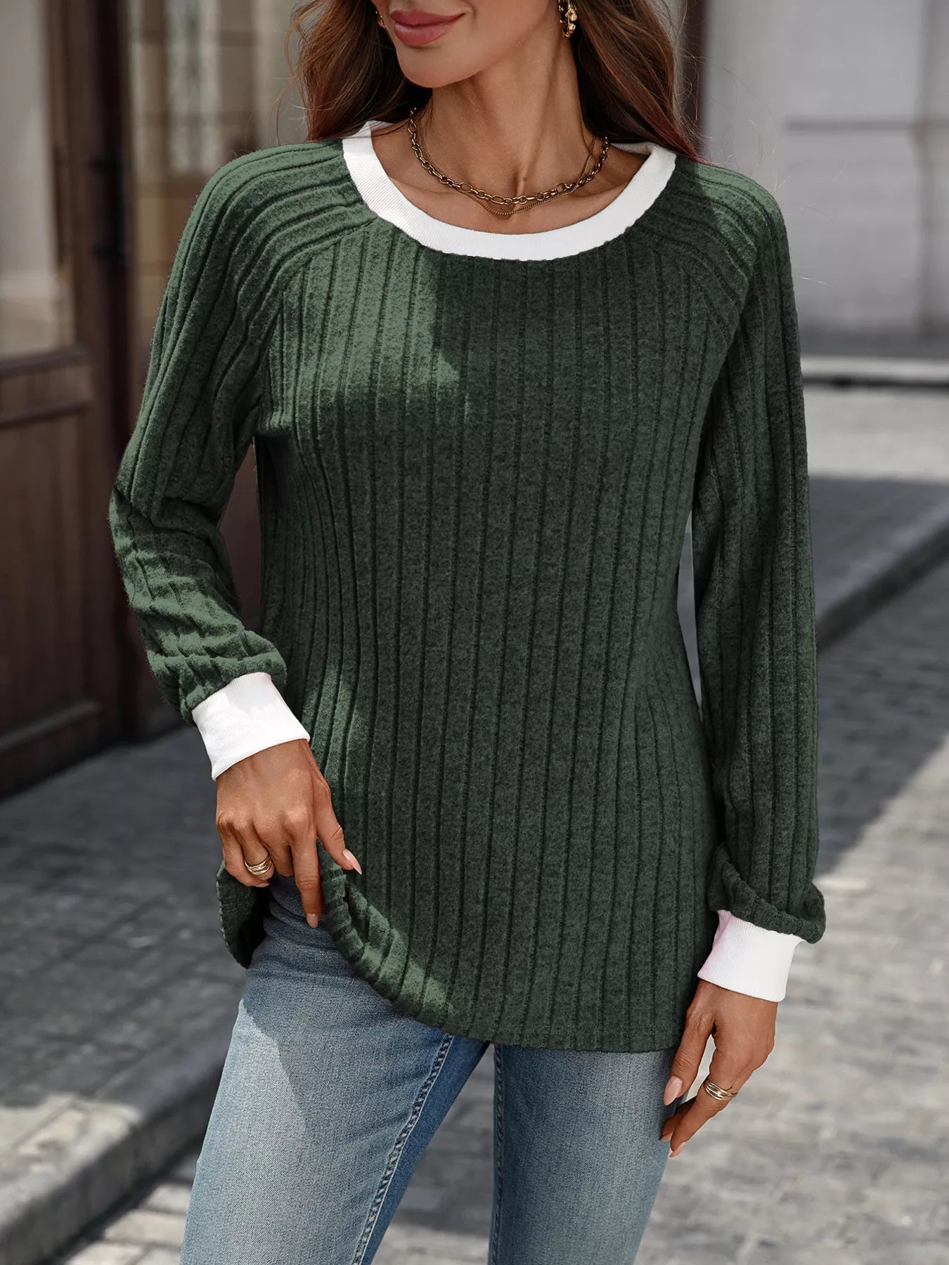 Sarah Express Women's Ribbed Round Neck Raglan Sleeve Knit Top - Contrast Stitching Sweater Green