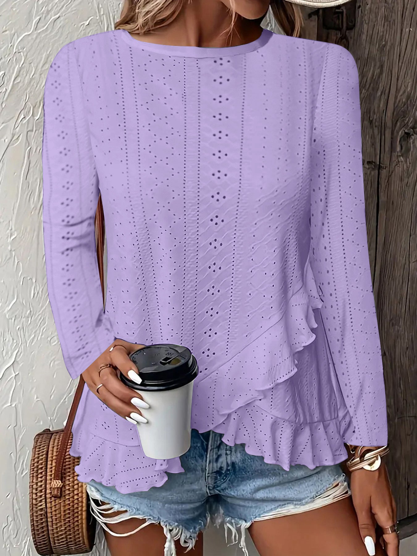 Sarah Express Women's Solid Color Long Sleeve Pullover Top Round Neck Loose Fit