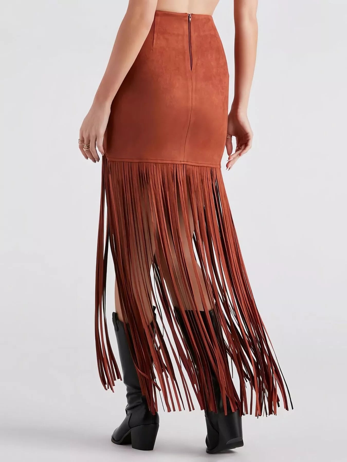 Sarah Express Women's Suede Fringe Skirt Zipper Western Boho Midi Skirt