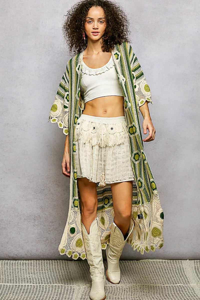 Sarah Express Women's Striped and Floral Pattern Crochet Longline Cardigan