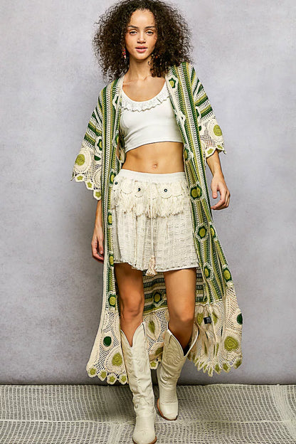 Sarah Express Women's Striped and Floral Pattern Crochet Longline Cardigan