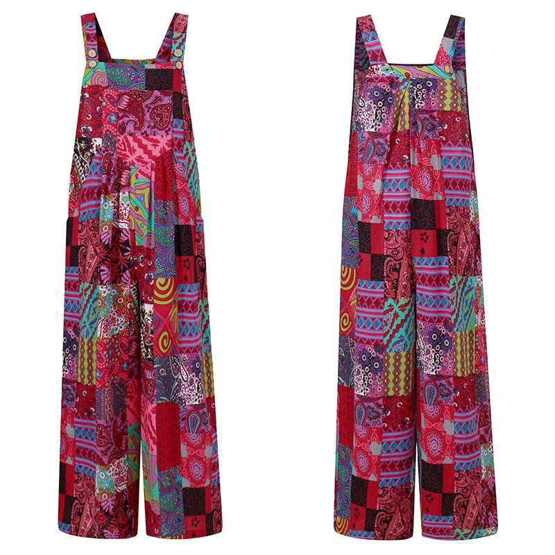 Sarah Express Women's Ethnic Print Jumpsuit Suspender Sleeveless Button Front