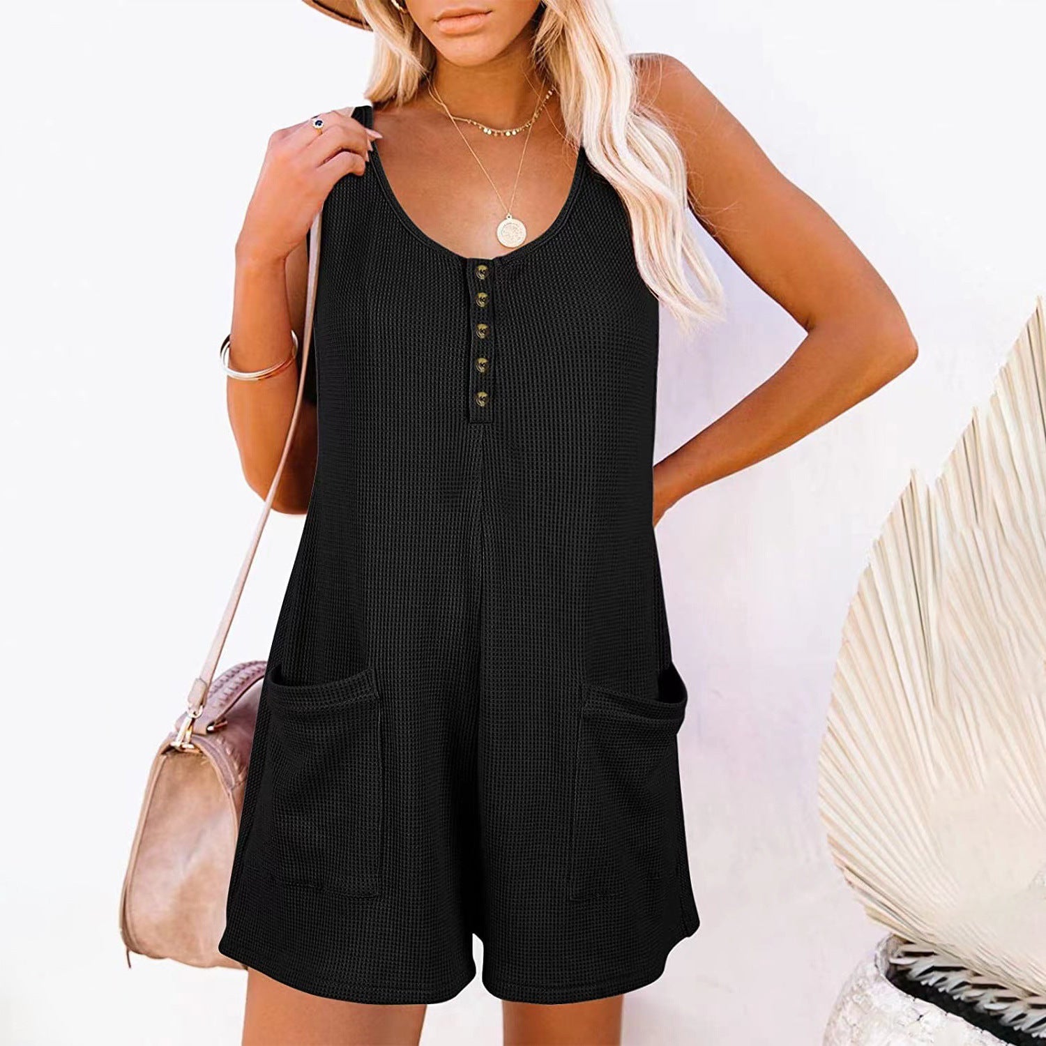 Sarah Express Women's Button Front Sleeveless Romper with Pockets