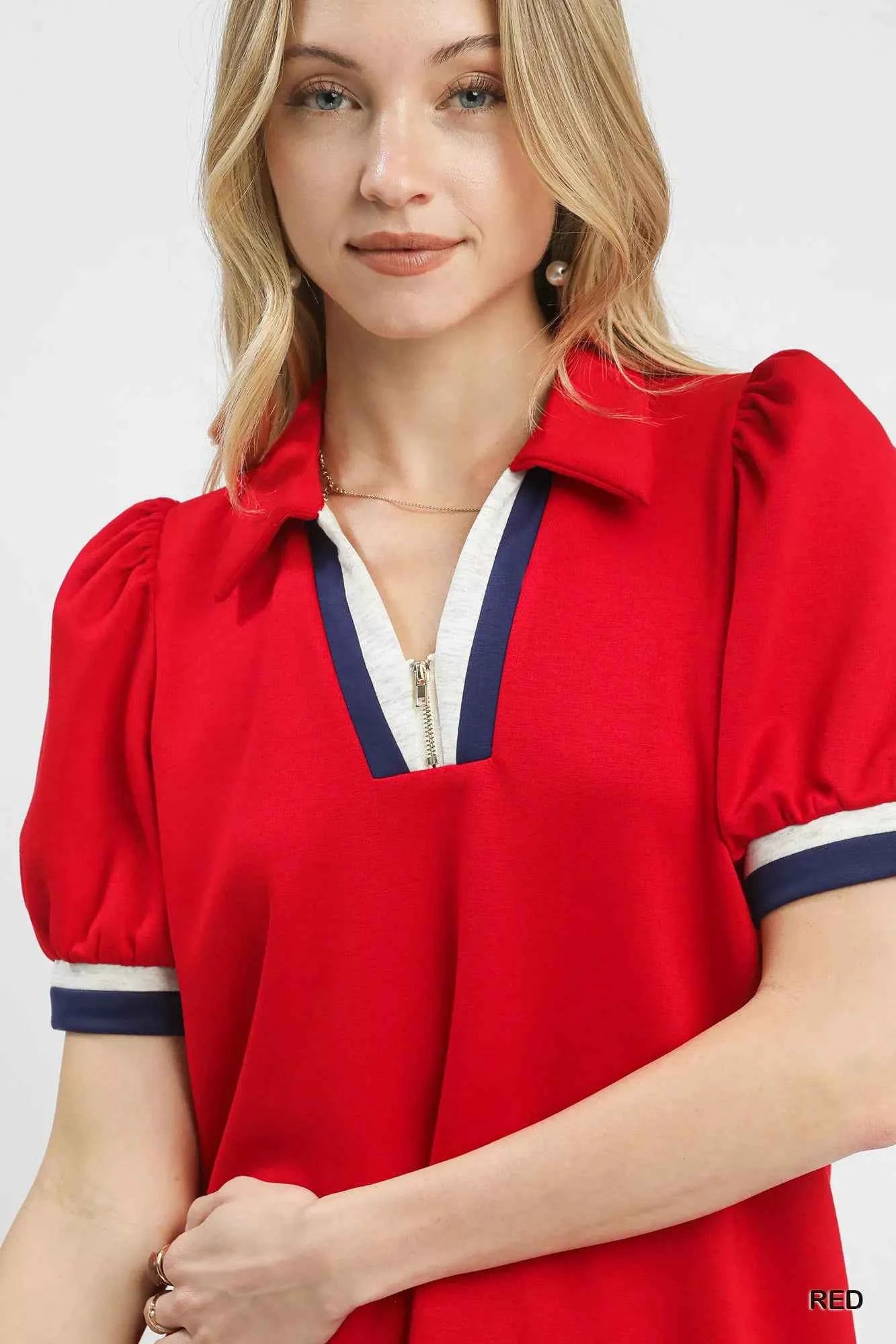 Sarah Express Women's Puff Sleeve Zip Front Top with Contrast Striped Trim - Ribbed Knit Half Zip Pullover