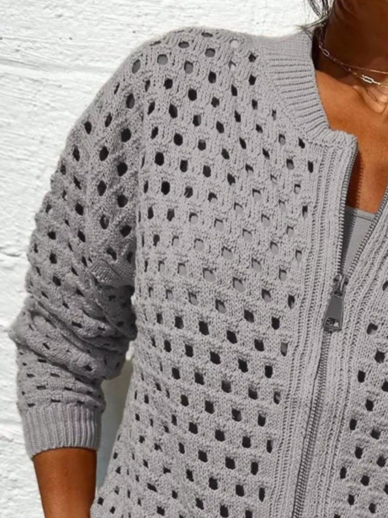 Sarah Express Women's Full Size Zip Up Long Sleeve Cardigan with Eyelet Detail Plus Size