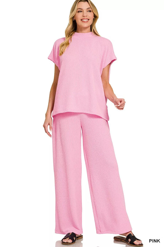 Sarah Express Women's Raised Rib Short Sleeve Tee & Pants Set PINK