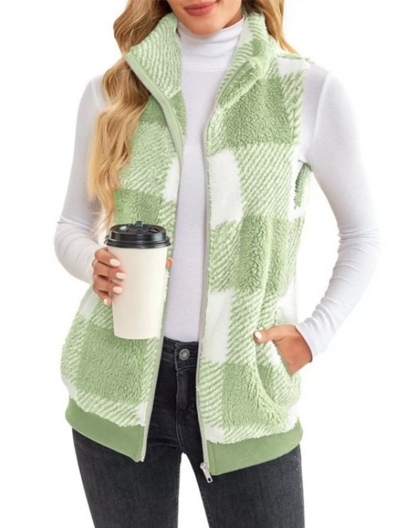 Sarah Express Women's Color Block Zip Up Vest Coat Plus Size Grass Green