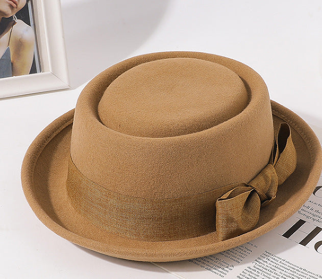 Sarah Express Vintage Flat Top Hat with Bow British Retro Style Women's Fall Winter Cap