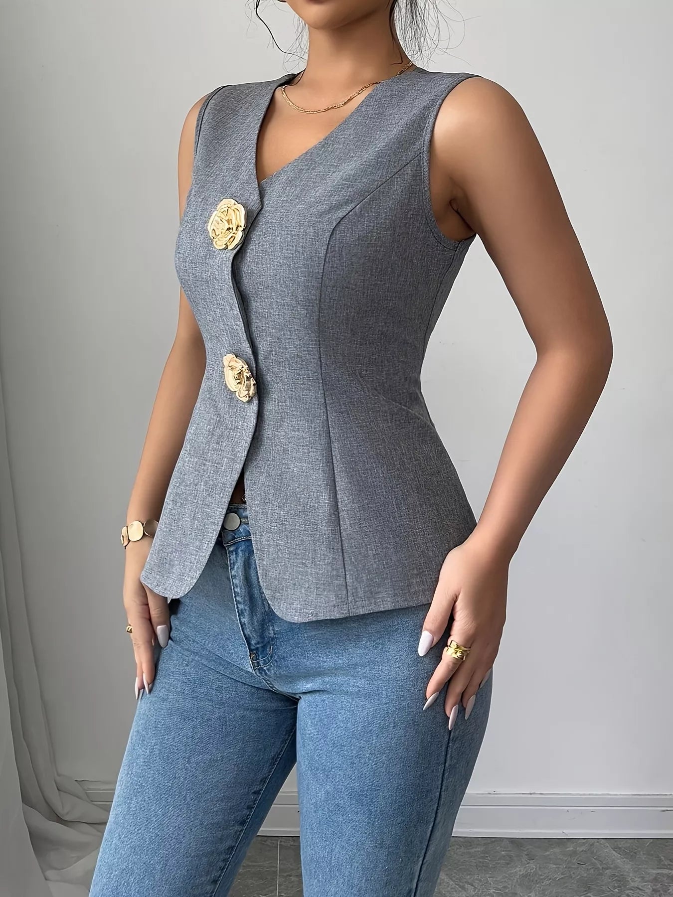 Sarah Express Women's Floral Button Front Vest Coat