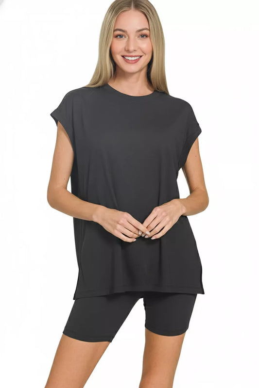 Sarah Express Women's Brushed Microfiber Top & Biker Shorts Set