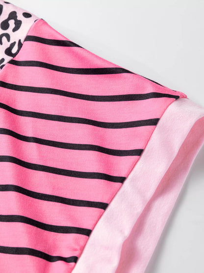 Sarah Express Women's Leopard Striped Patchwork Side Slit Loose Short Sleeve Top