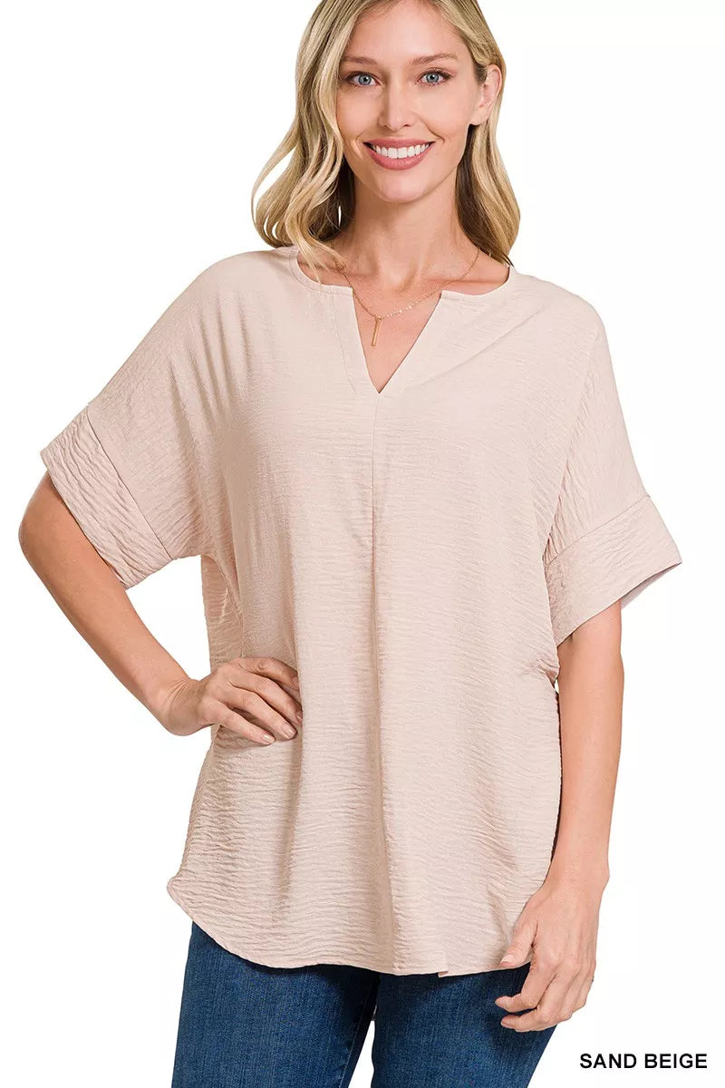 Sarah Express Women's Woven Airflow Split Neck Short Sleeve Top SAND BEIGE