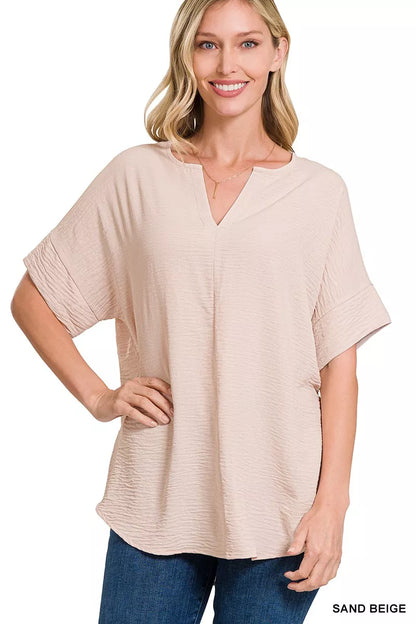 Sarah Express Women's Woven Airflow Split Neck Short Sleeve Top SAND BEIGE