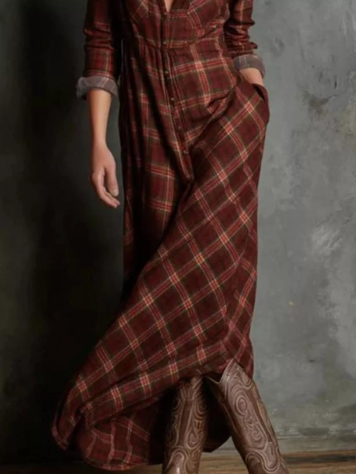 Sarah Express Women's Plaid Long Sleeve Maxi Dress with Pockets