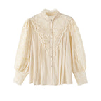 Sarah Express Women's Lace Stand Collar Blouse Long Sleeve Puff Sleeve Shirt