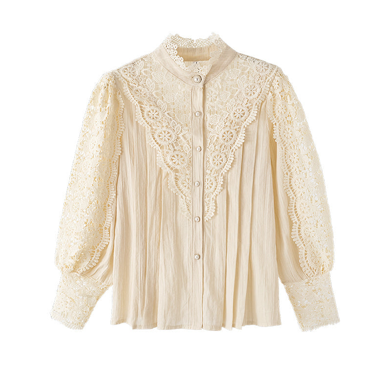 Sarah Express Women's Lace Stand Collar Blouse Long Sleeve Puff Sleeve Shirt