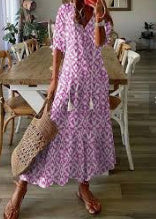 Sarah Express Women's Floral Print V-Neck Maxi Dress Short Sleeve A-Line Pullover
