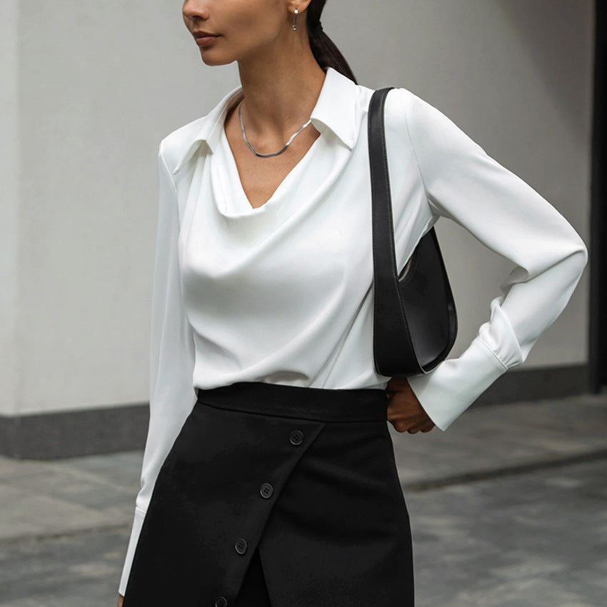 Sarah Express Women's Long Sleeve Shirt Irregular Drape Collar Polyester