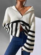 Sarah Express Women's Striped Half Zip Cropped Sweater