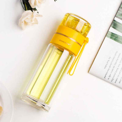 Sarah Express Premium Double Wall Glass Tea Infuser Bottle - Leak Proof Insulated Water Bottle 400-450ml Yellow 450ml