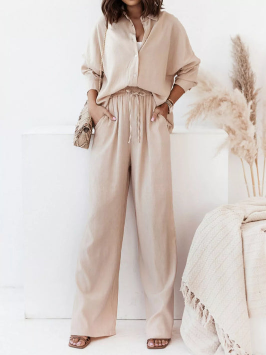 Sarah Express Women's Plus Size Button Up Shirt and Pants Two-Piece Set - Relaxed Fit Casual Outfit Apricot