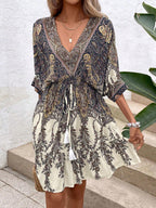 Sarah Express Women's Paisley Print Batwing Sleeve Ruffle Hem Dress Tassel Tie Front