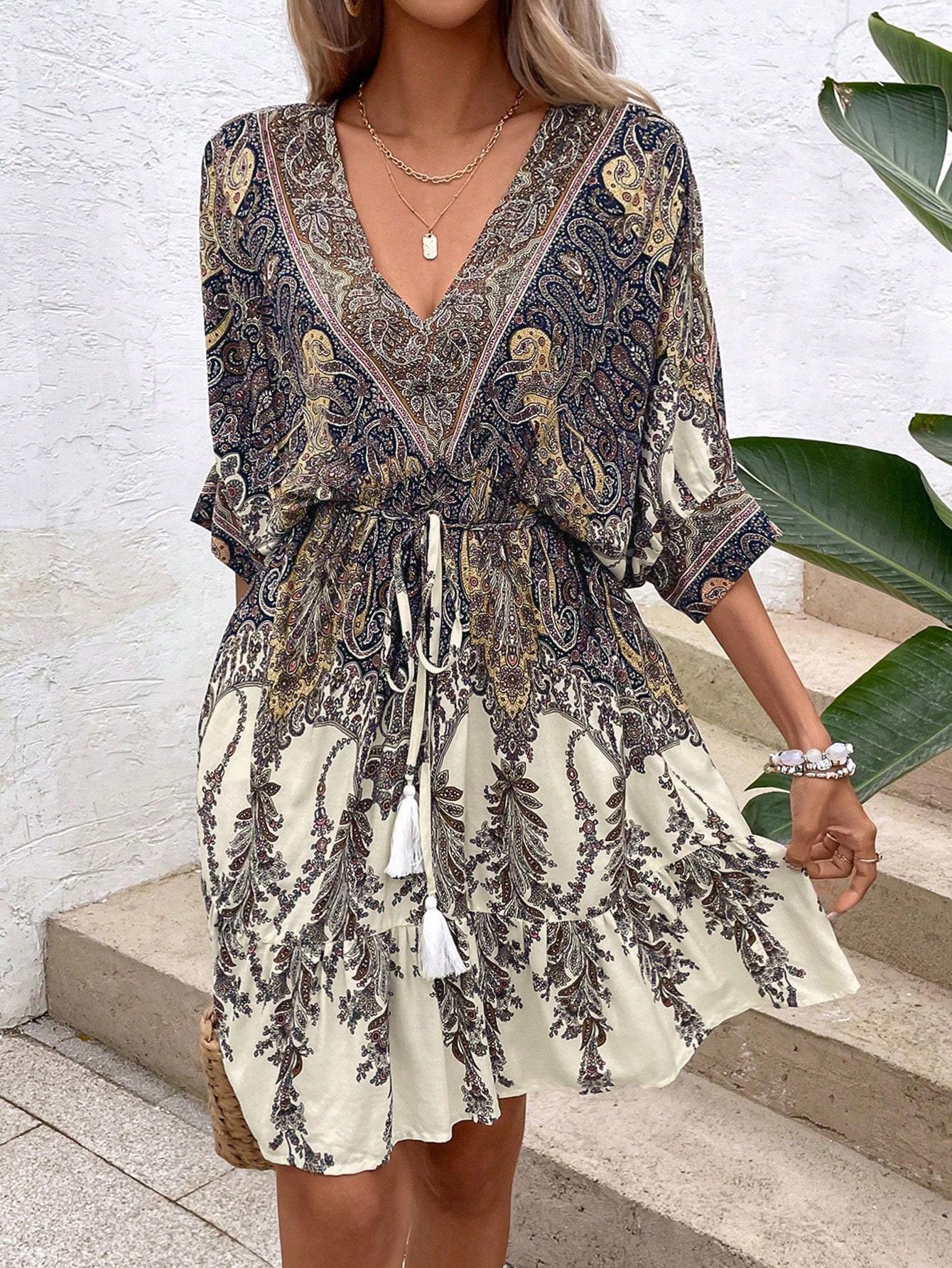 Sarah Express Women's Paisley Print Batwing Sleeve Ruffle Hem Dress Tassel Tie Front