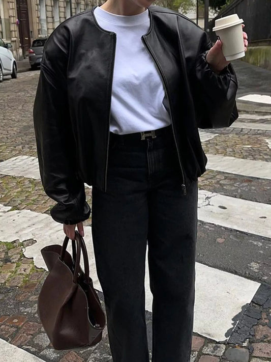 Sarah Express Women's Zip Up Leather Bomber Jacket Black