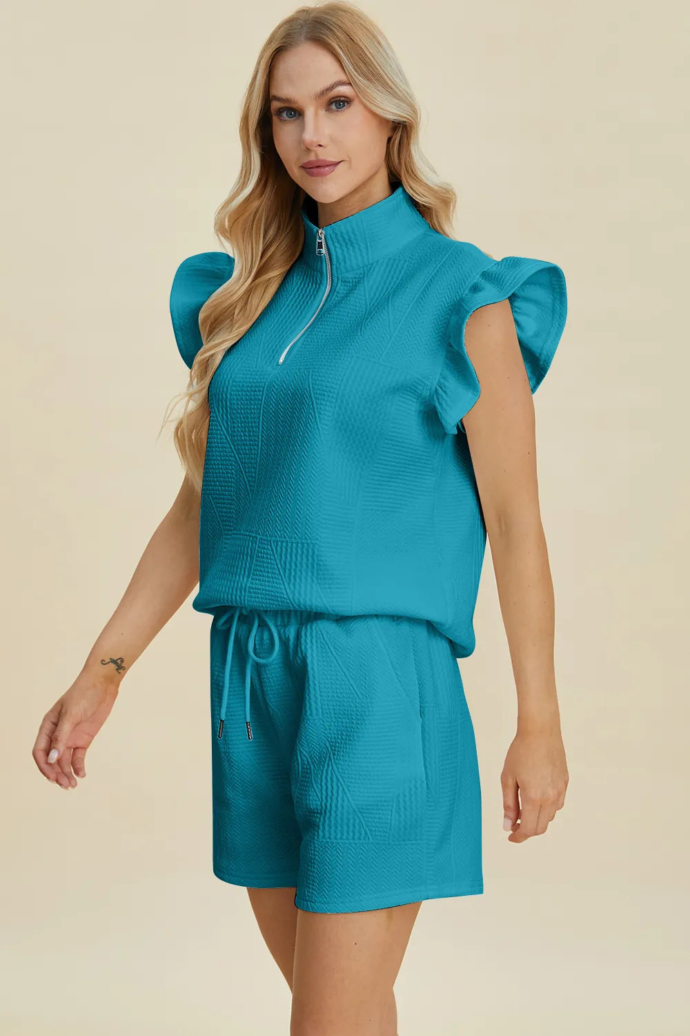 Sarah Express Women's Textured Flounce Sleeve Top and Shorts Set