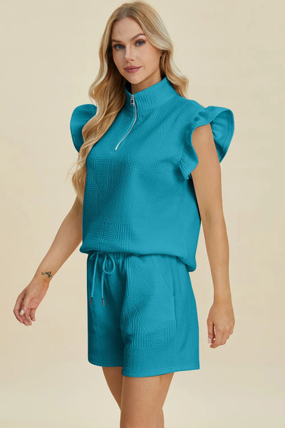 Sarah Express Women's Textured Flounce Sleeve Top and Shorts Set