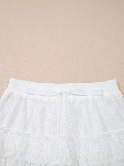 Sarah Express Women's Lace Ruffle Tiered Drawstring Elastic Waist Shorts