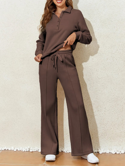 Sarah Express Women's Collared Sweatshirt and High Waist Pants Active Set Brown