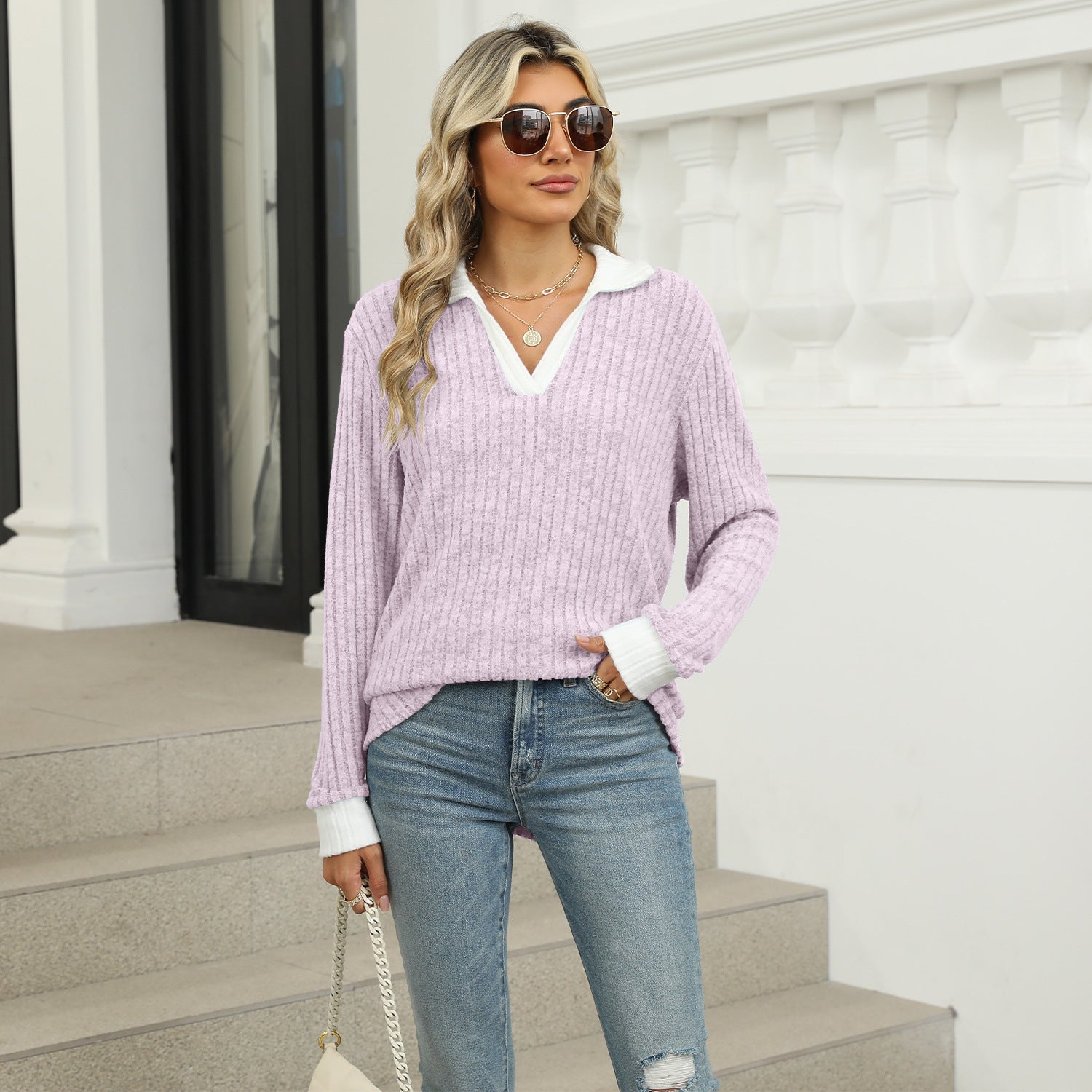 Sarah Express Women's Lapel Long Sleeve Loose Fit Top Rayon Pullover