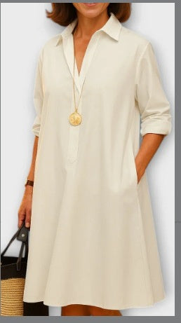 Sarah Express Women's Polo Collar Shirt Dress Long Sleeve Mid Length Cotton Blend Casual