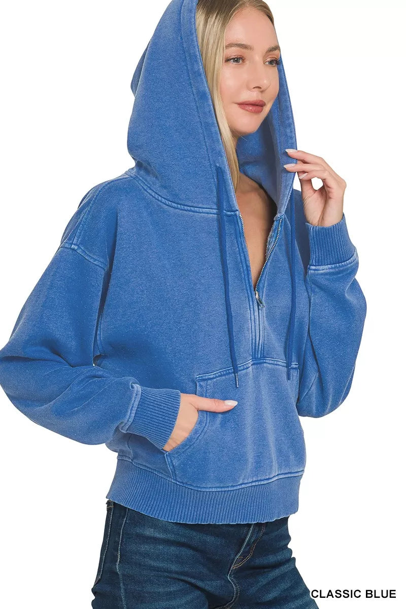 Sarah Express Women's Fleece Pigment Dye Half Zip Kangaroo Pocket Hoodie