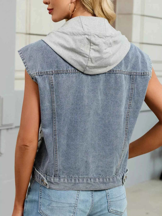 Leopard Button Up Hooded Denim Vest