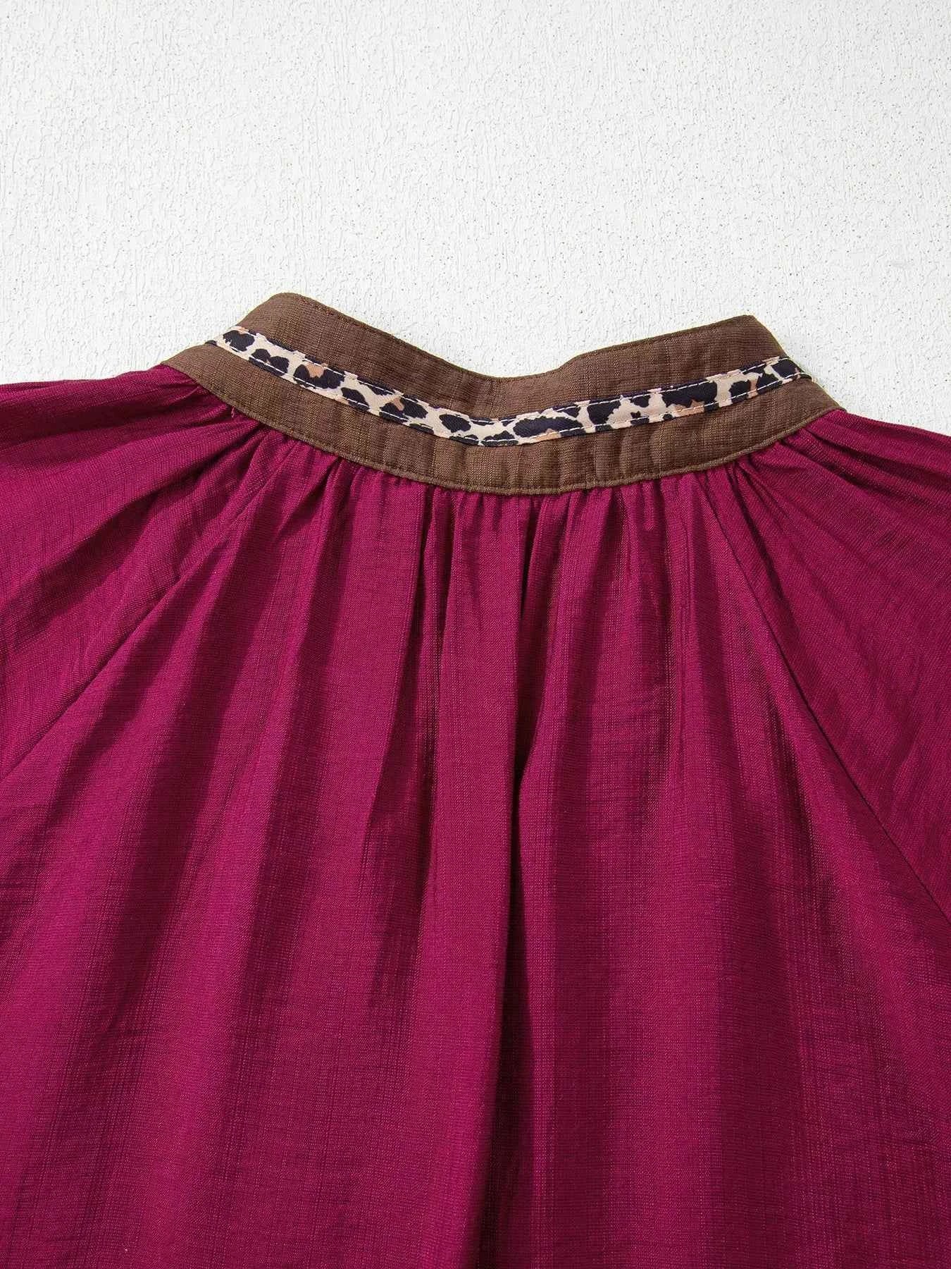 Sarah Express Women's Leopard Trim V-Neck Blouse - Flounced Bracelet Sleeve Top