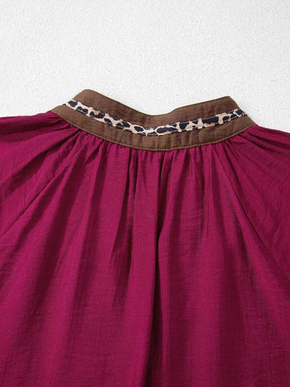 Sarah Express Women's Leopard Trim V-Neck Blouse - Flounced Bracelet Sleeve Top