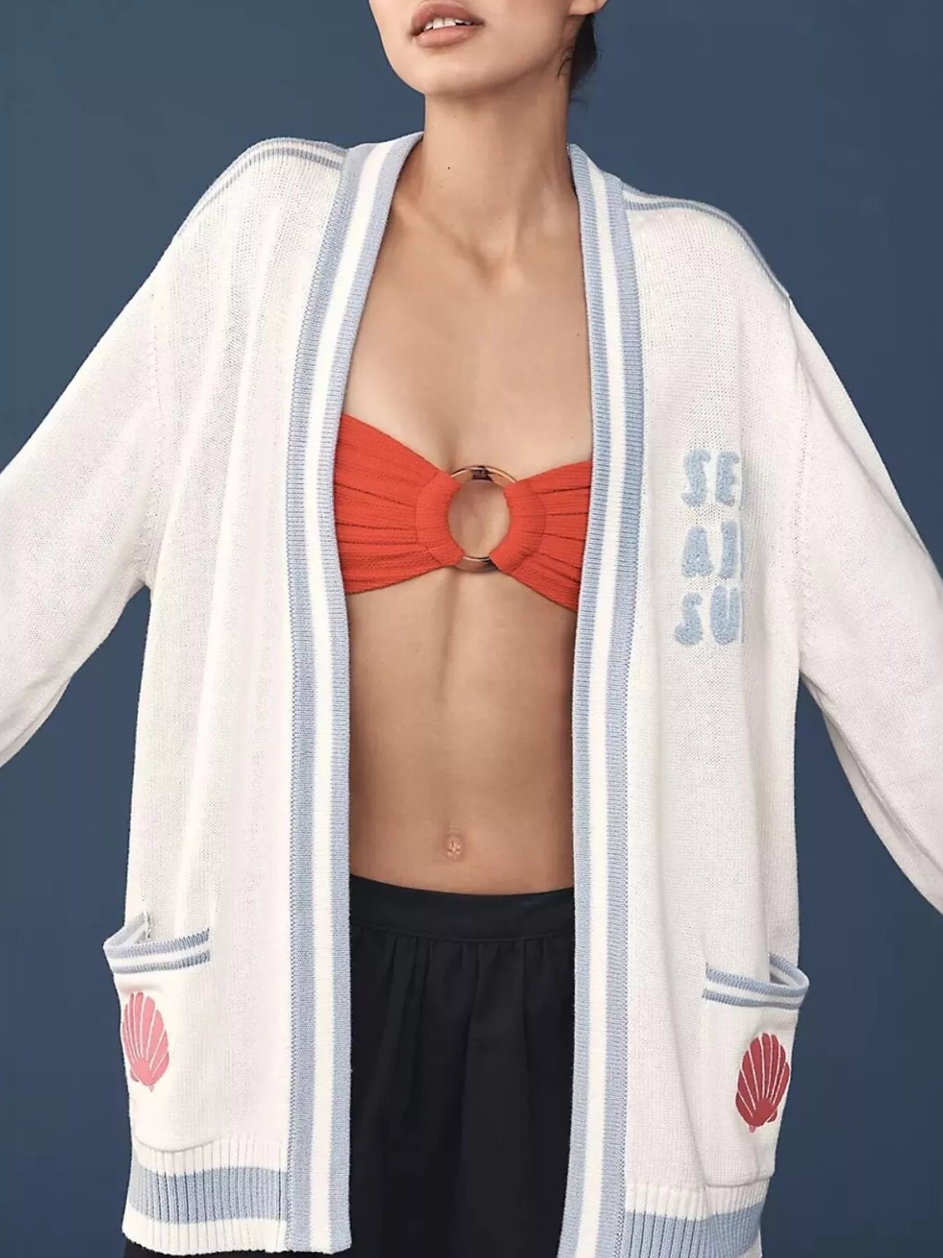 Sarah Express Women's Seashell Embroidered Open Front Cardigan Gray white