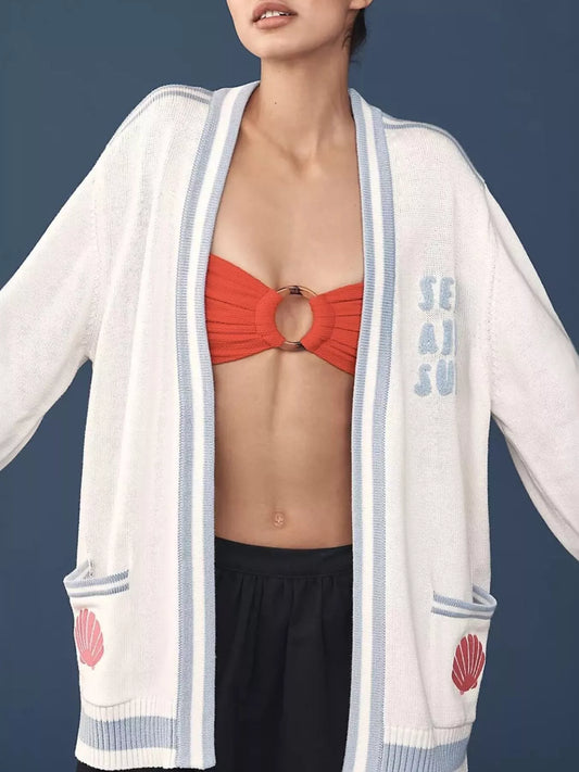 Sarah Express Women's Seashell Embroidered Open Front Cardigan Gray white