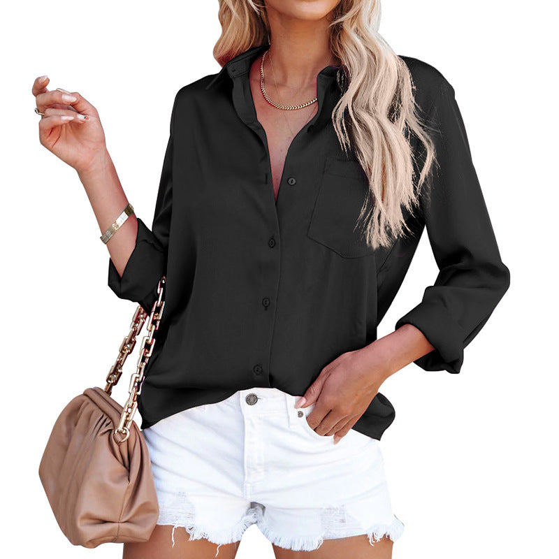 Sarah Express Women's Satin V-Neck Button Blouse Long Sleeve - Office Work Professional Business Classic Shirt