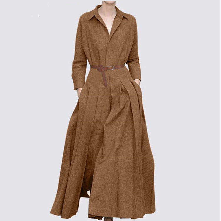 Sarah Express Women's Solid Color Pleated Dress Cotton Linen Casual