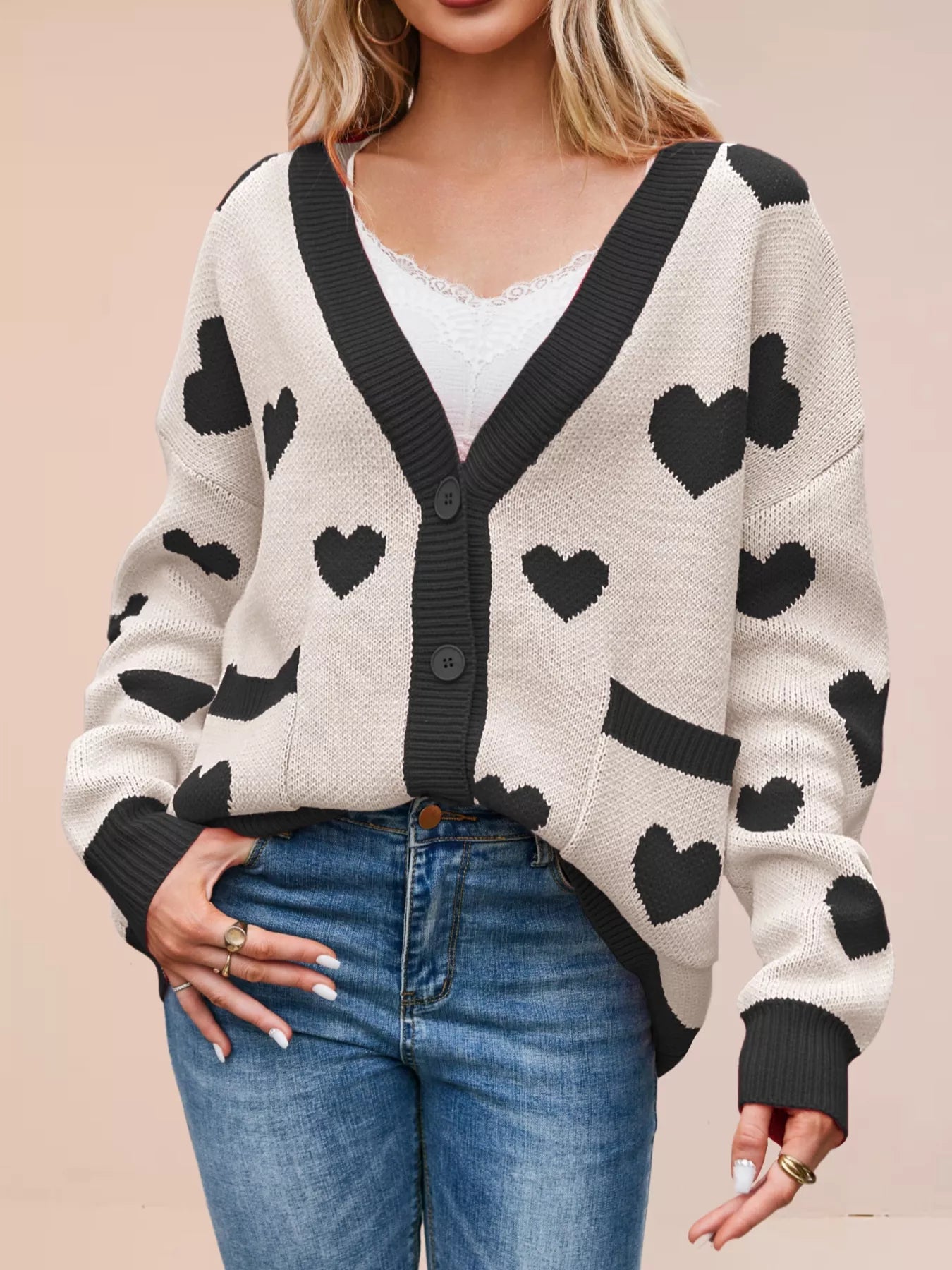 Sarah Express Women's Heart Pattern Button-Up Knit Cardigan