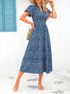 Sarah Express Floral V-Neck Bubble Pleated Maxi Dress Elastic Waist Short Sleeve