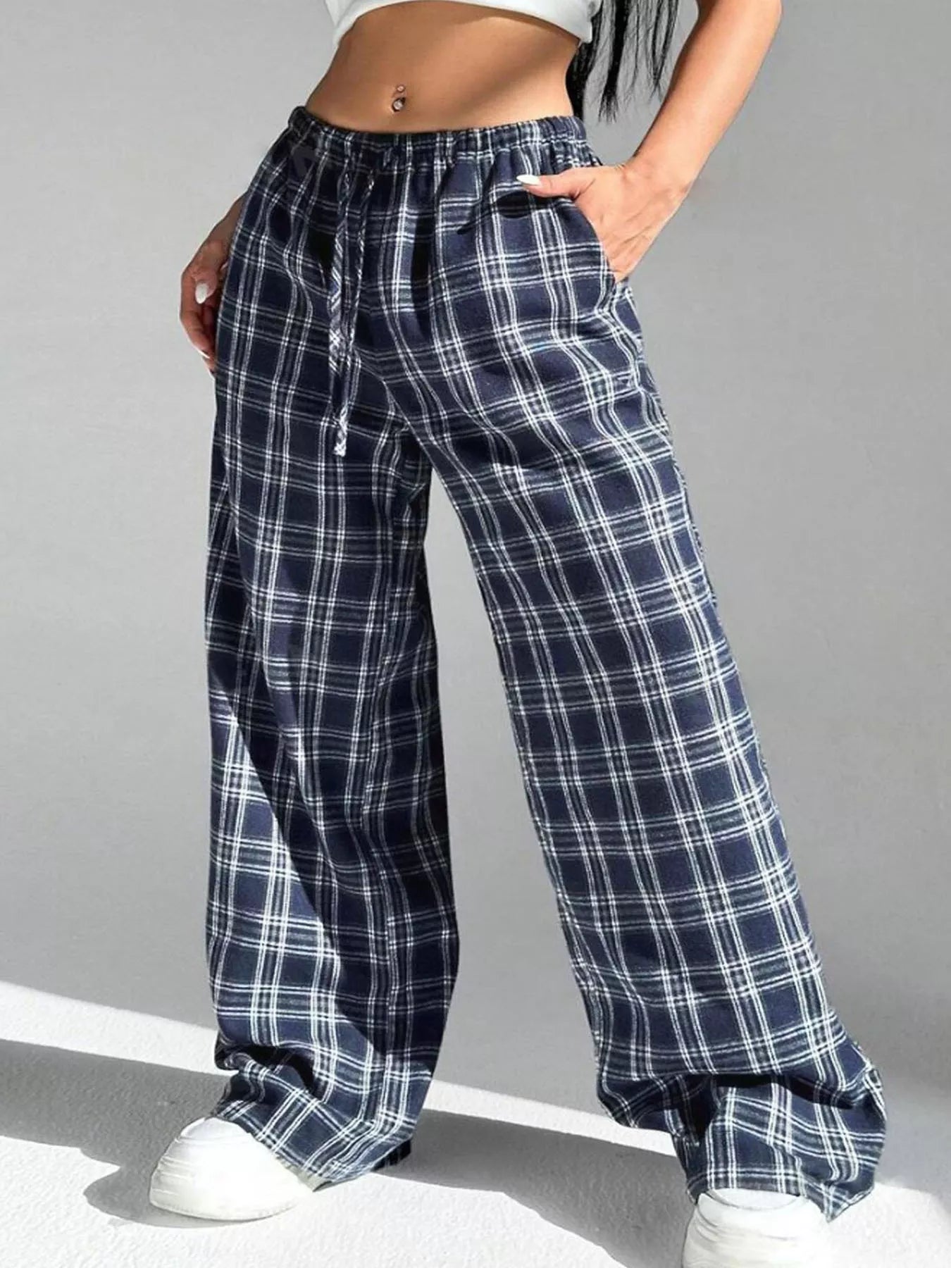 Sarah Express Women's Plaid Drawstring Wide Leg Pants Navy