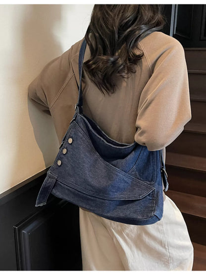 Sarah Express Women's Casual Denim Crossbody Bag with Button Detail Dark Blue ONESIZE